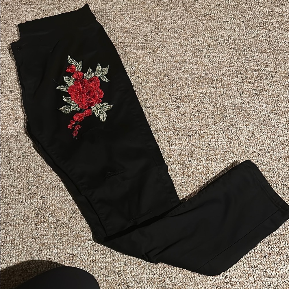 Black Pants with Red Floral Embroidery